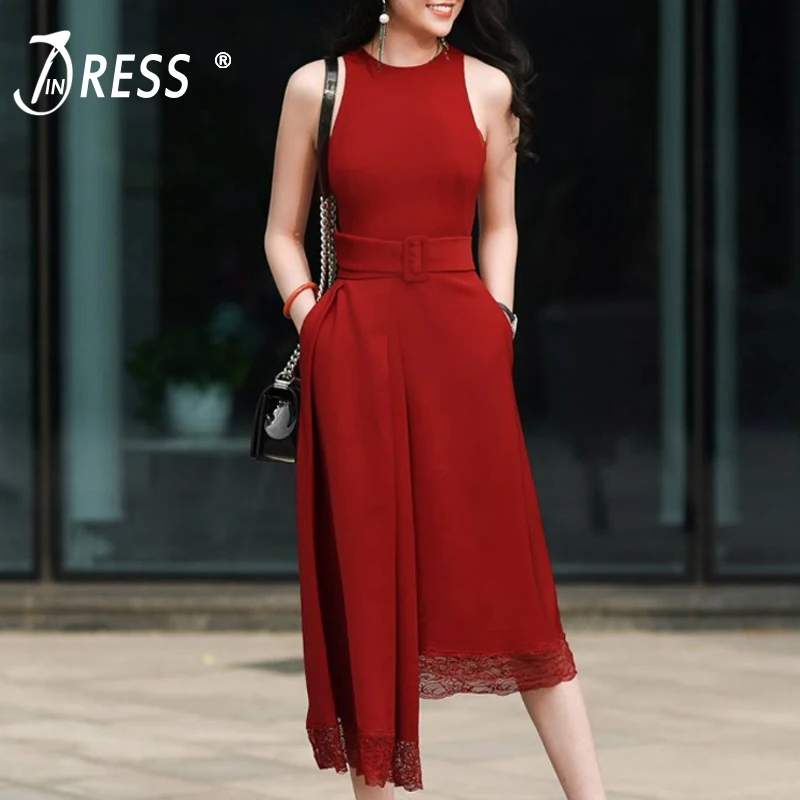 

INDRESSME 2019 New Women Fashion O Neckline Sleeveless Sash With Buckle Lace Asymmetrical Hemline Slit Party Midi Dress