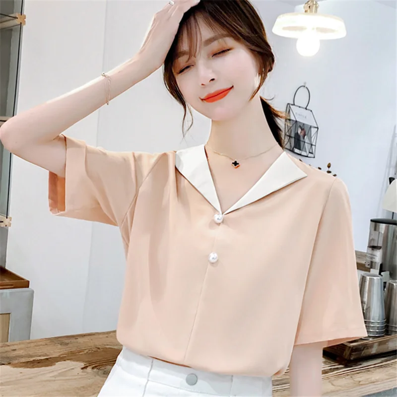 Women Tops 2019 Summer New Fashion Blouses Chiffon Short Sleeve POLO Neck Shirts Solid Color Casual Office Ladies Top Blusas |