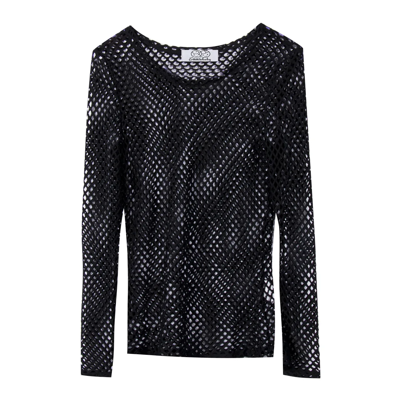 Women Sexy Clothes Fishnet Sheer T-shirt Long Sleeve Clothing Summer Fashion Mesh Tops Loose T-Shirt Women Pure Color Clothes