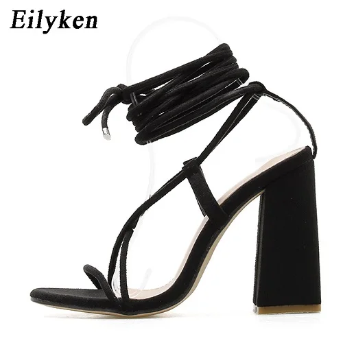 Black Eilyken/ г. Новые летние женские босоножки на высоком каблуке, с открытым носком, на шнуровке вечерние женские босоножки на квадратном каблуке, с перекрестной шнуровкой, с ремешком на щиколотке, черного цвета - Цвет: Black