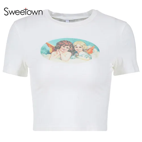 white Sweetown милый ангел принт Harajuku милый топ футболка женская сексуальная летняя укороченная футболка хлопковая трикотажная Женская одежда с круглым вырезом - Цвет: white