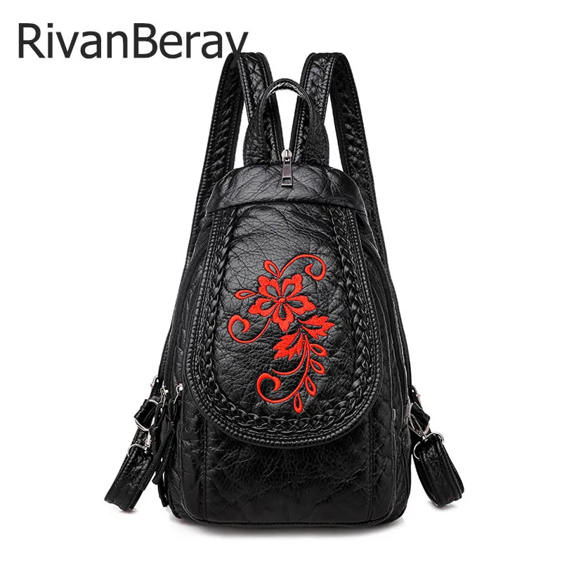 2019 новые женские мягкие кожаные рюкзаки для девочек Mochilas Вышивка Цветы на плечо