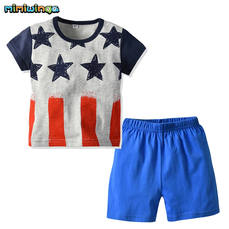 Mimiwinga Pure Cotton Stars Print Baby Boys Clothes Set Short Sleeve Gray T Shirt + Shorts Elastic Waist 2pcs Kids Summer Suit |