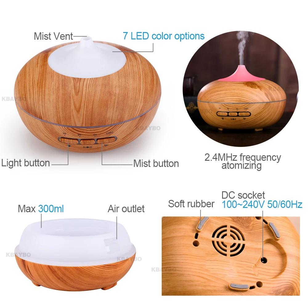 KEBEIER 300ml Air Humidifier Essential Oil Diffuser Ultrasonic Cool Mist LED Night Light for Office Home Bedroom Room |
