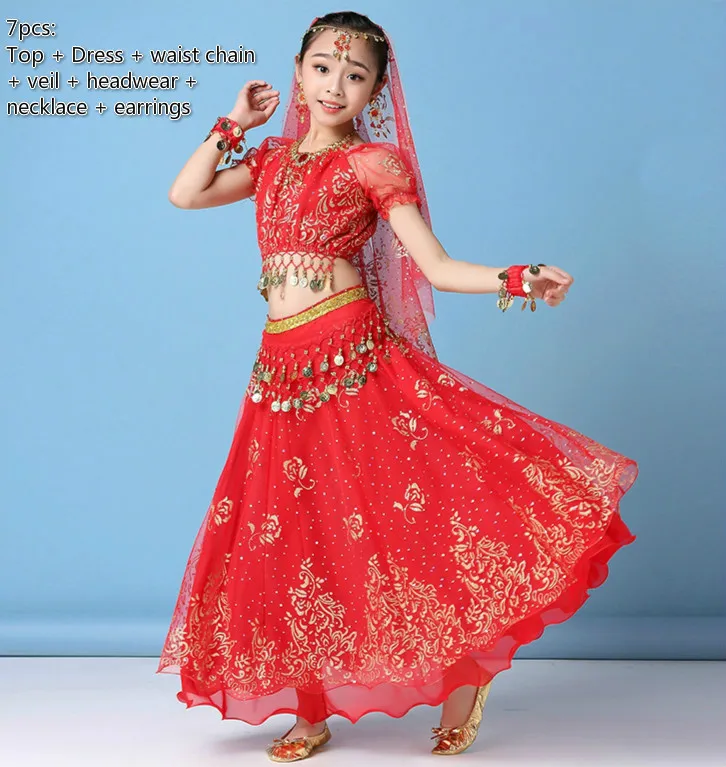 7pcs red Детские костюмы танец живота для индийских танцев Болливудский костюм сцены модная одежда для девочек живота платье для танцев комплект индийская одежда - Цвет: 7pcs red
