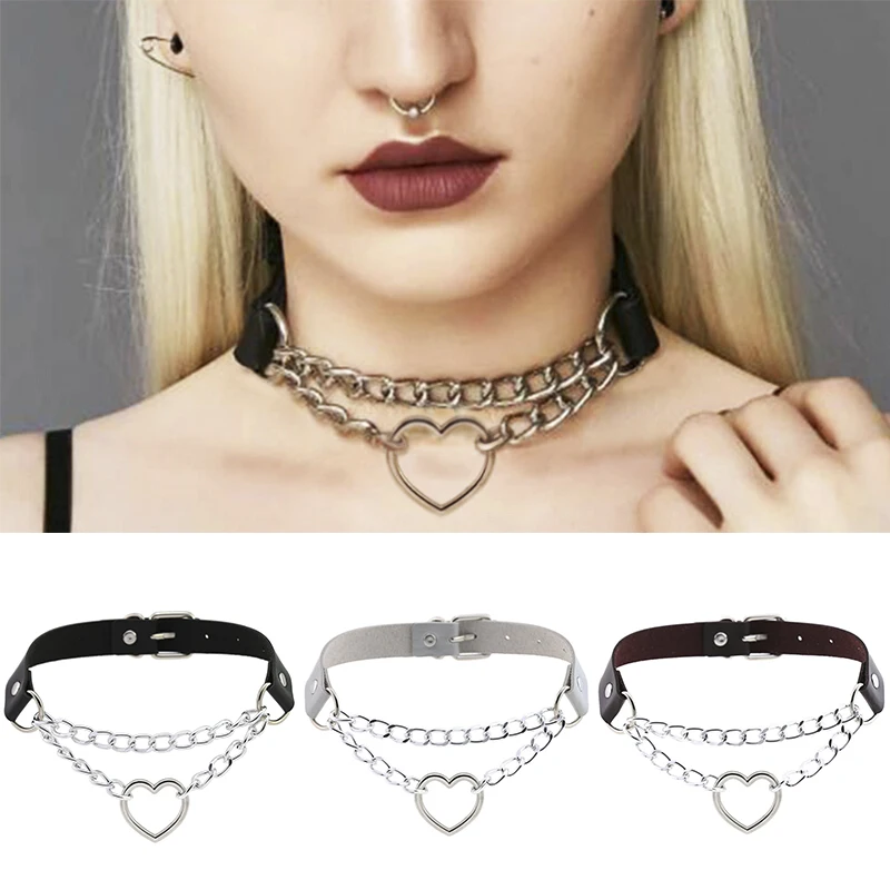 Dark Gothic Heart Chain ошейник Harajuku панк чокер Женский черный кожаный для девочек эмо