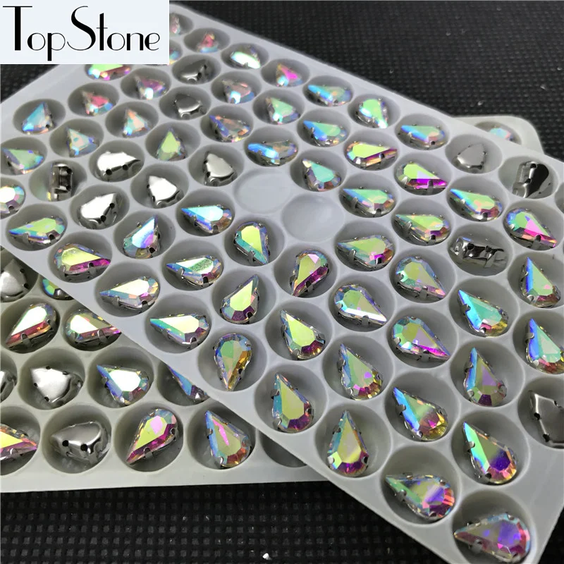 Topstone 6x10mm 8x13mm Crystal AB Teardrop Glass Fancy stone With Metal Claw setting for sewing on dress jewelry making | Украшения и