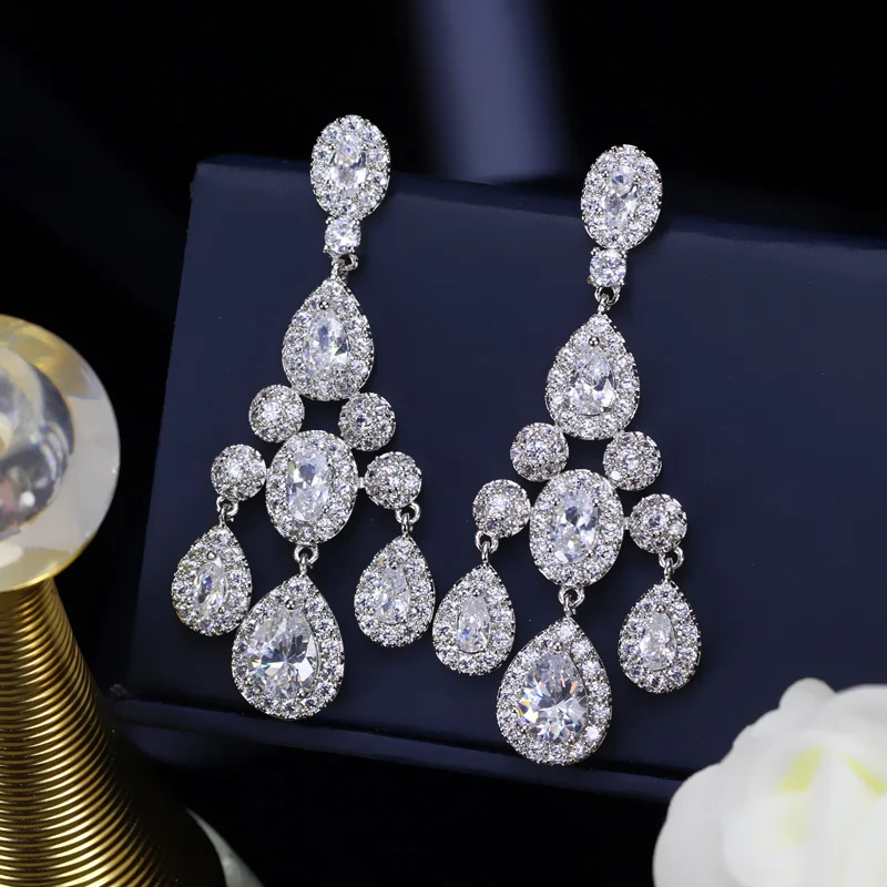 ThreeGraces роскошные свадебные CZ Ювелирные изделия Блестящий Кубический Цирконий Кристалл Длинные Висячие свадебные люстры серьги для невест ER168