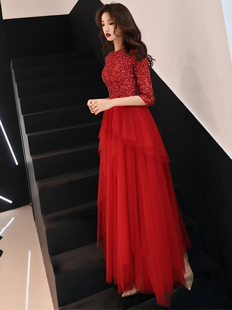 Robe De Soiree Evening Dress 2019 Shiny Sequined O-neck Tiered Pleat Wine Red Dinner Gowns LF414 | Свадьбы и торжества
