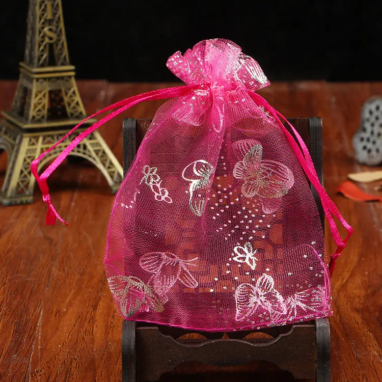 Hot Pink 100 шт./лот, 7x9 см, Разноцветные сумки из органзы, маленькие упаковочные сумки для ювелирных изделий, свадебные сувениры, подарочные сумки и сумки на шнурке - Цвет: Hot Pink