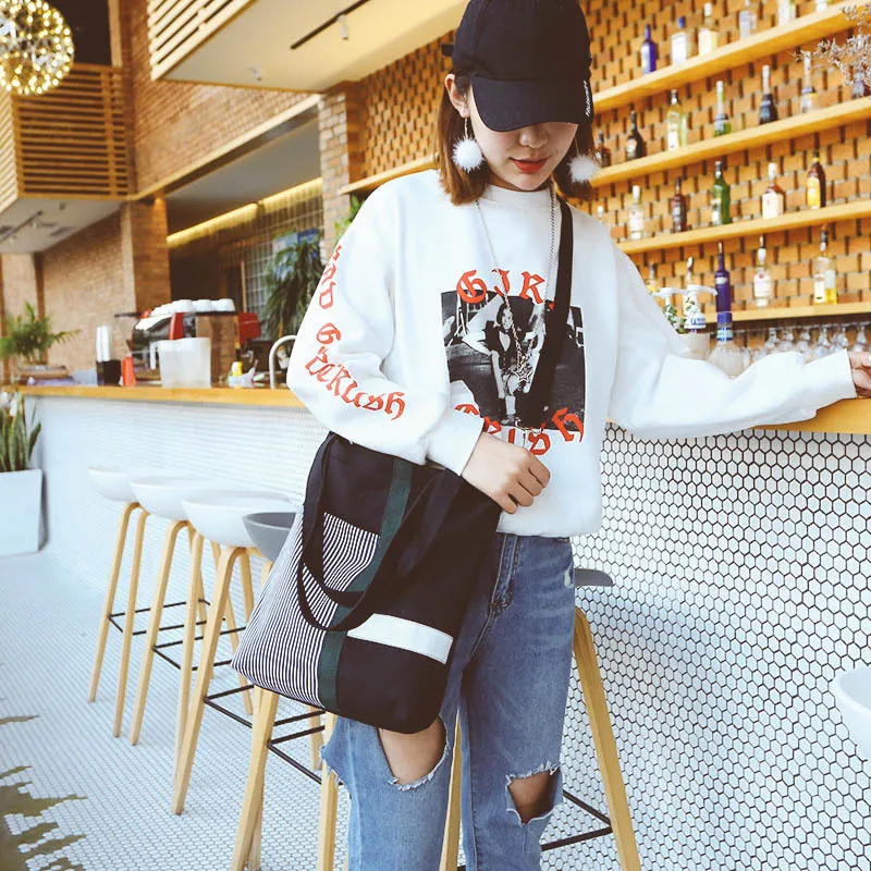 

KANDRA Reusable Canvas Tote Bag for Shopping Stripped Patchwork Fabric Durable Grocery Shoulder Bag Light Roomy Linen Tote Bag