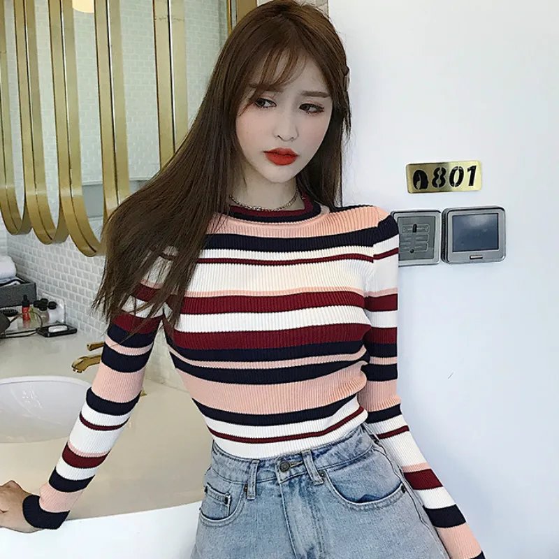 Sweater Sweters Women Early Autumn Long-sleeved Body-tight Striped Plus Size Christmas Knitted | Женская одежда