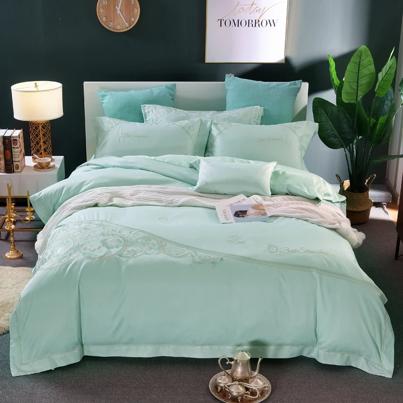 2018 Luxury 80S Tencel Bedding Set Queen King size embroidery Duvet Cover Bed sheet set Pillowcase | Дом и сад