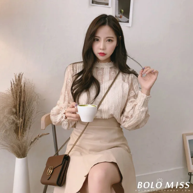 Элегантные дамские вязаные открытая кружевная блузка с буфами на рукавах