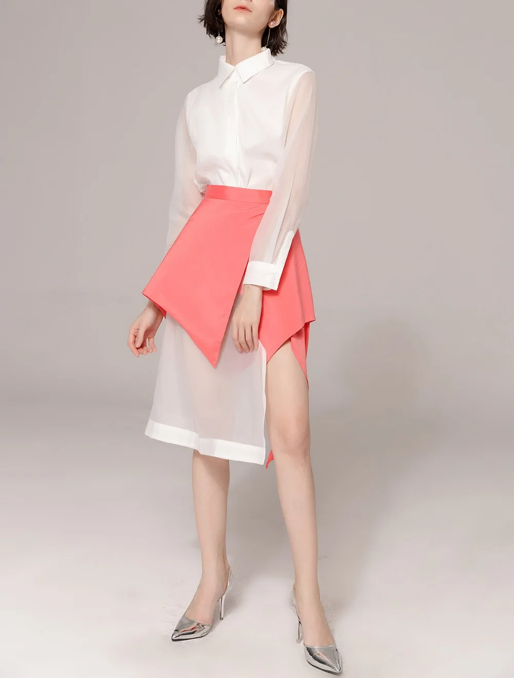 New Design Fashion Shirt Skirt Two Pieces Suit Sets Women Slim Organza +High Waist Contrast Color Irregular Hem C409 | Женская одежда