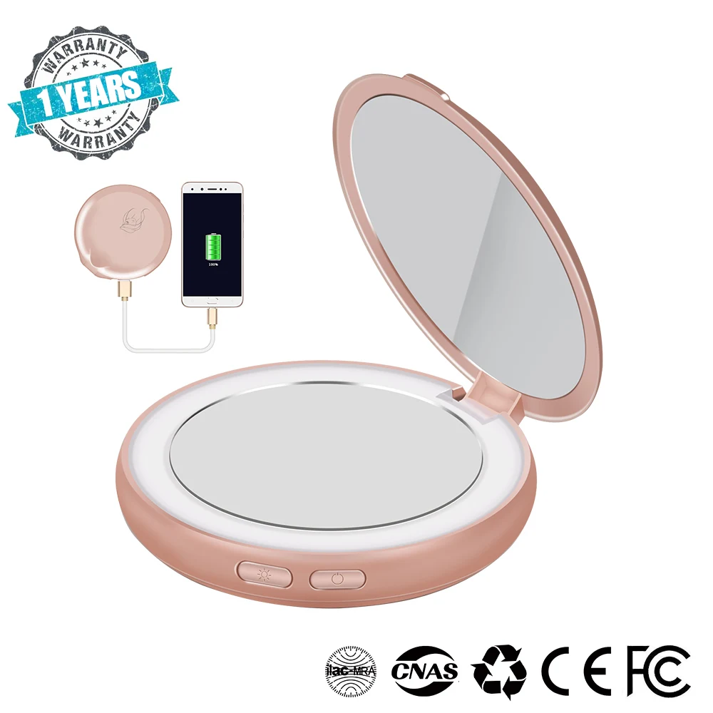 RoseGold Компактный внешний аккумулятор, зеркало для макияжа, светодиодный, с подсветкой, портативное зарядное устройство, косметическое зеркало с 3-кратным увеличением для девочек, друзей, вечерние, для путешествий - Цвет: RoseGold