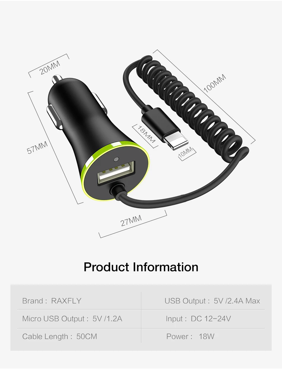 RAXFLY Mini USB Автомобильное зарядное устройство всего 3.4A Micro USB+ mini type C+ USB кабель для huawei mate 9 Xiaomi Mi5 5S iPhone 6 7 5
