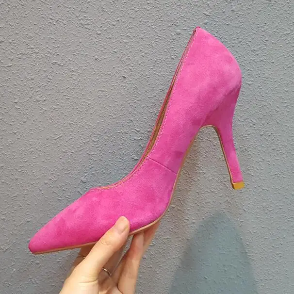 10cm Roes SANLUME/женские модные туфли-лодочки на высоком каблуке из натуральной замши; женские черные модельные туфли с острым носком; каблук 10 см; внутри из овечьей кожи - Цвет: 10cm Roes