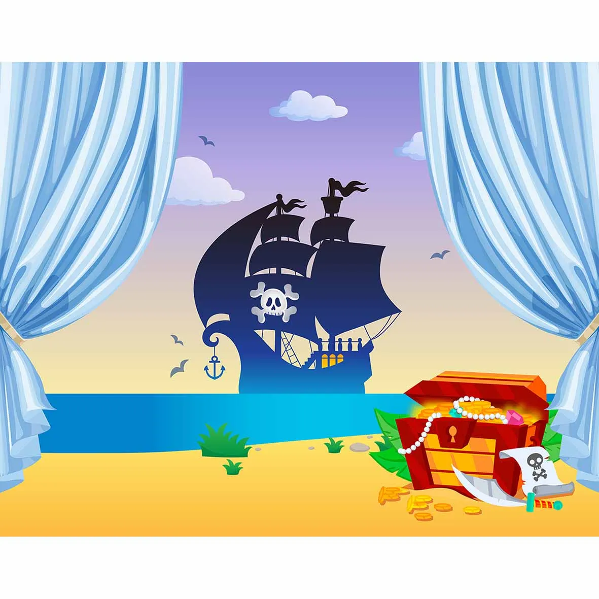 Allenjoy pirate ship background blue curtains treasure beach seaside children party backdrop fund photo booth for the | Электроника