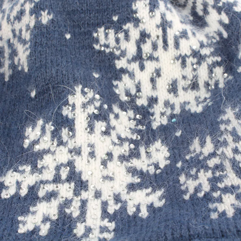 

Women Knitted Wool Hats For Winter Snowflake Jacquard Ski Cap Female Rhinestone Skullies Beanies For Ladies