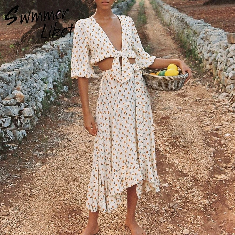 Цветочный принт винтажное покрытие v-образный вырез сексуальный короткий летний