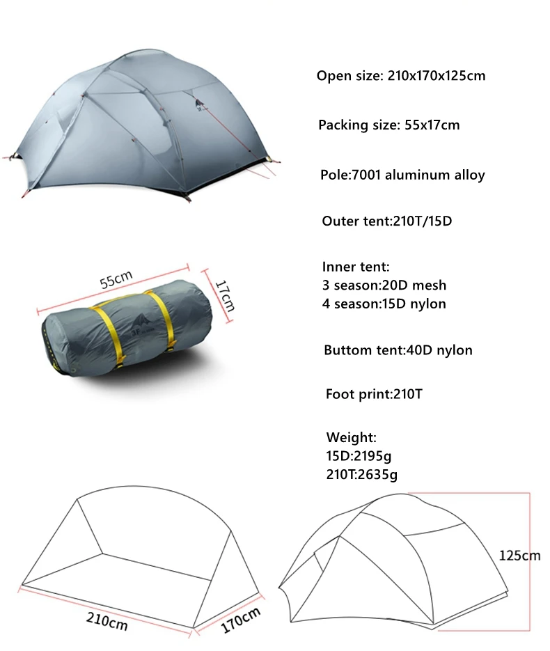3F UL GEAR 3 Человек Палатка 15D силикон 210T Открытый Сверхлегкий походный водонепроницаемый с наземным листом