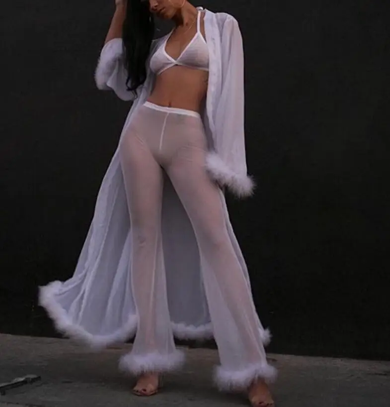 Sexy See Through Pink Mesh Tracksuits Autumn Women Costume Two Piece Set Long Sleeve Fluffy Crop Top And Pants Streetwear | Женская