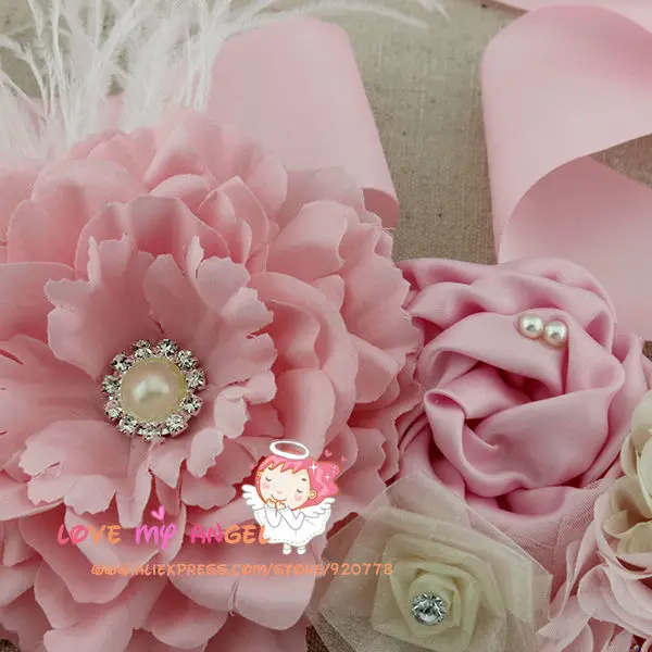 Цветок девушка розовый пояс шифон Кружева Цветы Жемчуг с перьями лента для