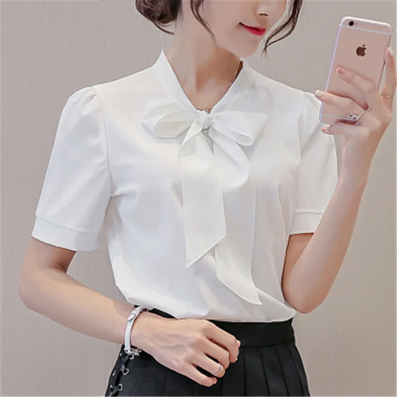 

2019 New Summer Blouse Women Long Sleeve Shirts Fashion Leisure Chiffon Shirt Bow Office Ladies Pink White Tops Fashion C0558