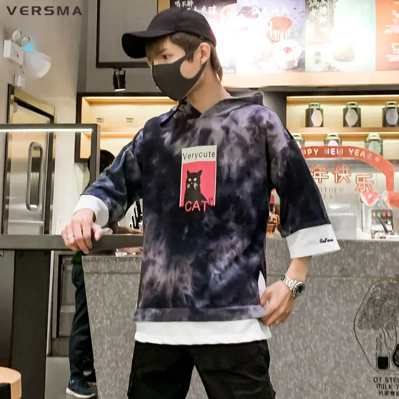 VERSMA, Корейская, Harajuku, с капюшоном, камуфляжная, с рисунком кота, футболка, мужская, летняя, хип-хоп, Swag, уличная, свободная, фальшивая, из двух частей, футболка для мужчин