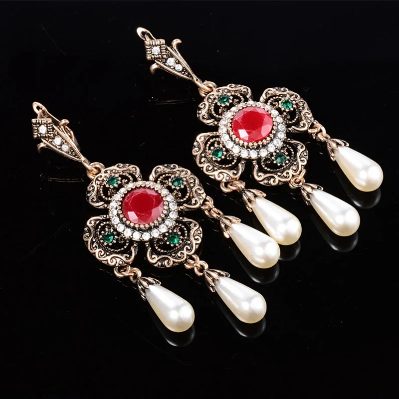 

Turkish Earrings for Women Vintage Gold Boho Jewelry Big Long Pearl Flower Piercing Tassel Dangle Earrings Brincos 2018