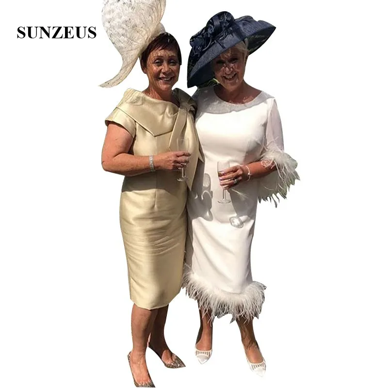 

Straight Tea Length Mother Of The Bride Dress With Feathers Half Sleeves Ivory Lady Wedding Party Dresses Formal Gowns Women
