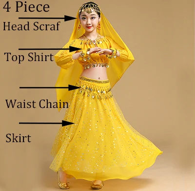 Yellow 4 Piece Профессиональная одежда для индийских танцев для девочек, детские костюмы для танца живота, модные костюмы для Болливуда, танцевальные костюмы для девочек, костюмы для египетских танцев - Цвет: Yellow 4 Piece