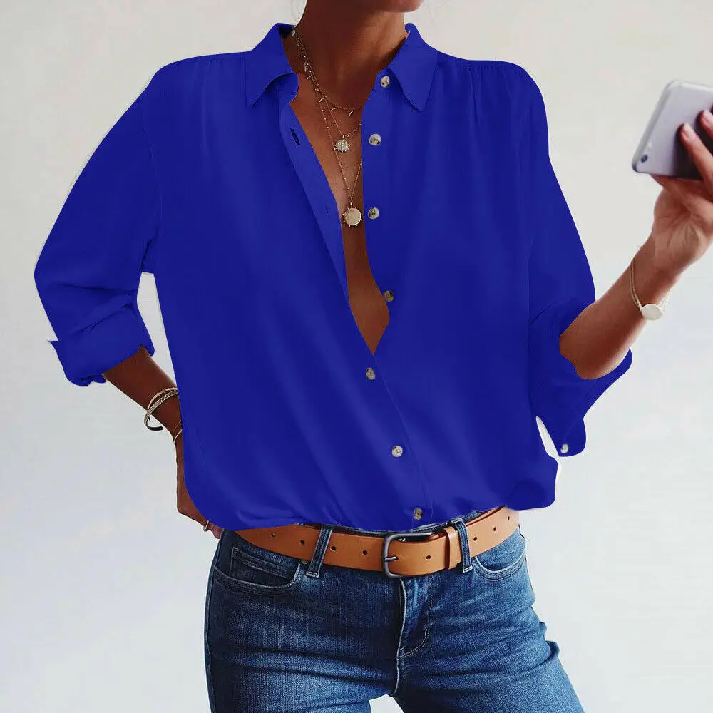 

2019 Women Solid V-Neck Button Long Sleeve Loose T-shirt Blouse Shirts Tops S-XL