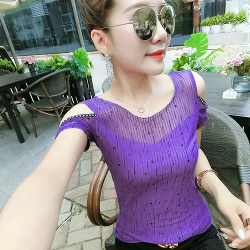 Модная Корейская Сетчатая футболка с круглым вырезом и пайетками Новинка 2019 года