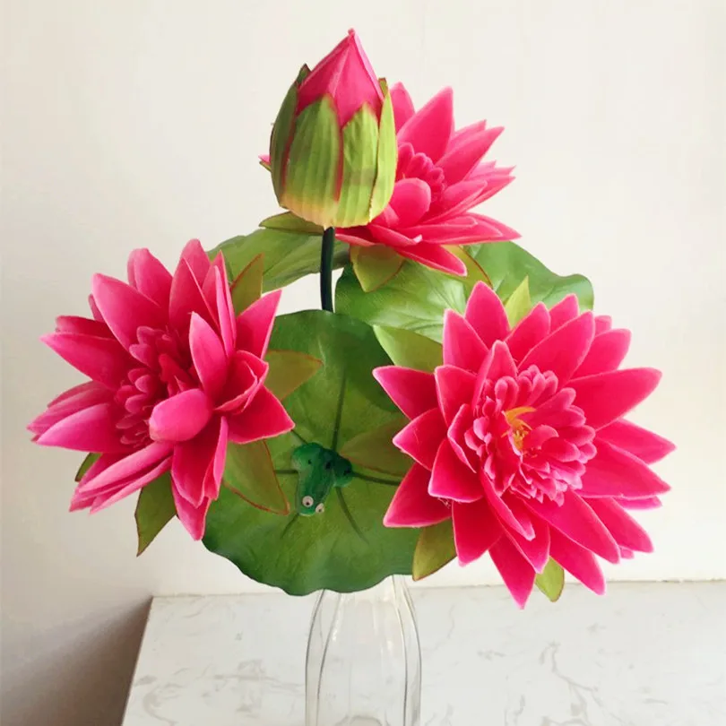 

One Fake Lotus Artificial Lotus with Green Frog Silk Water Lily 7 Stalks for Wedding Party Home Decorative Flowers
