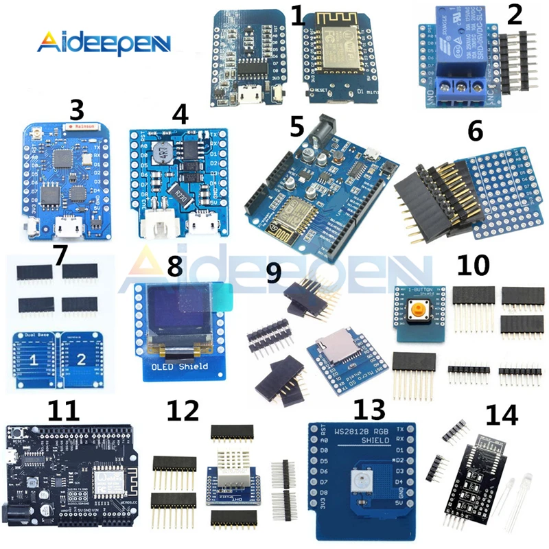 Фото Полный комплект WeMos D1 ESP8266 релейный модуль Wi Fi Mini ESP 12F/12E DHT22 AM2320 CP2104 CH340 макетная