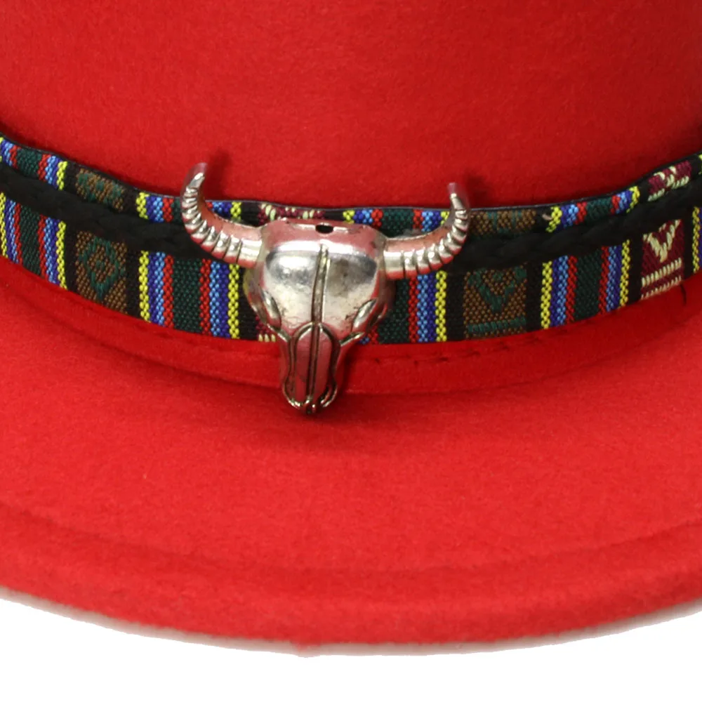 

LUCKYLIANJI Retro Women Men Vintage 100% Wool Wide Brim Cap Pork Pie Porkpie Bowler Hat Bull Head Leather Band (57cm/Adjusted)