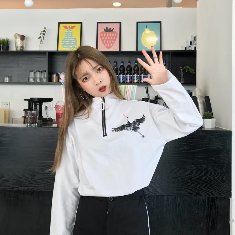 Новая Базовая рубашка Топ Весенняя Корейская Ulzzang Harajuku винтажная вышивка журавлей футболка с длинным рукавом женская футболка на молнии