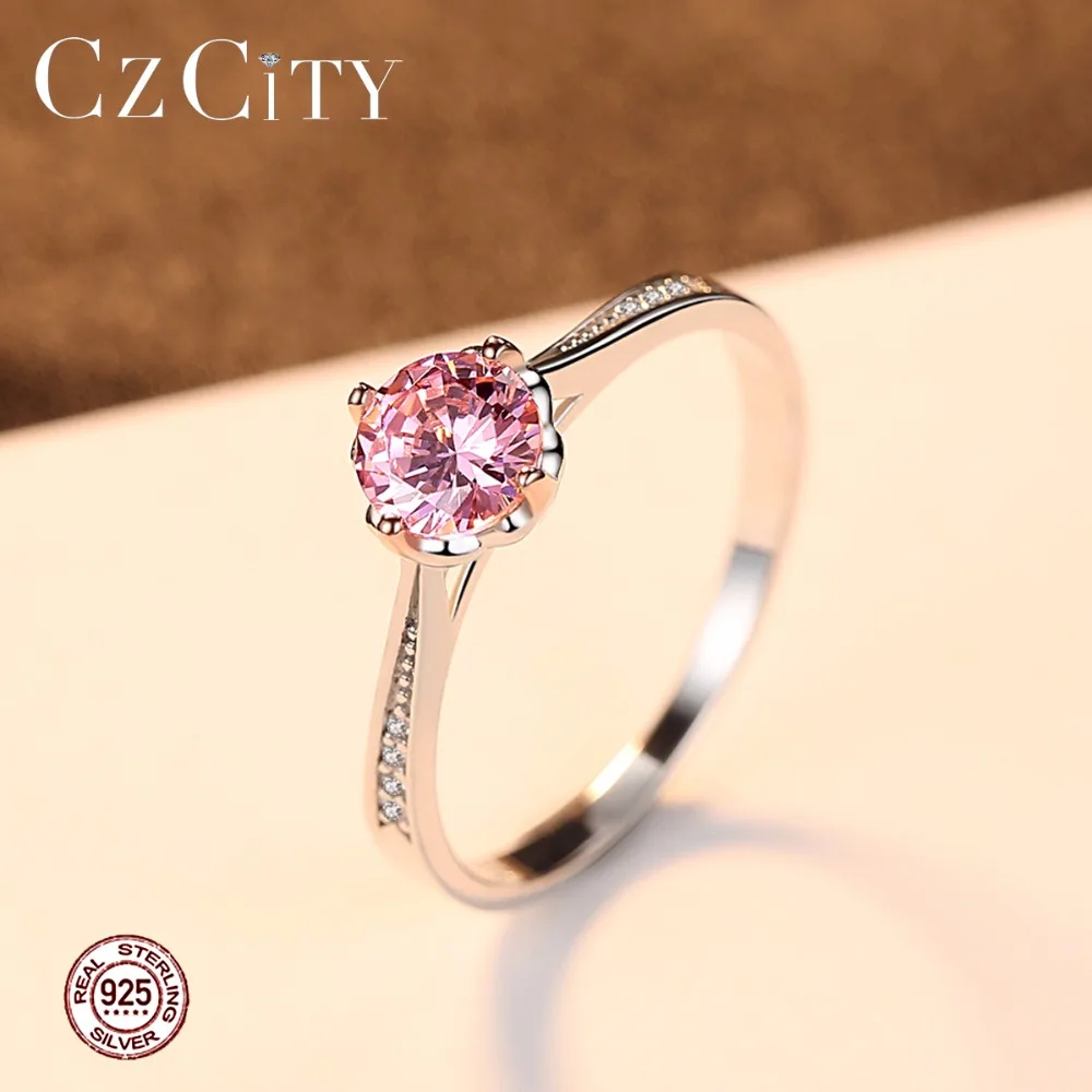 CZCITY брендов, розовый циркон, женские кольца на палец, романтичное 925 пробы, Серебряное Женское Обручальное кольцо, хорошее ювелирное изделие, Фирменный подарок