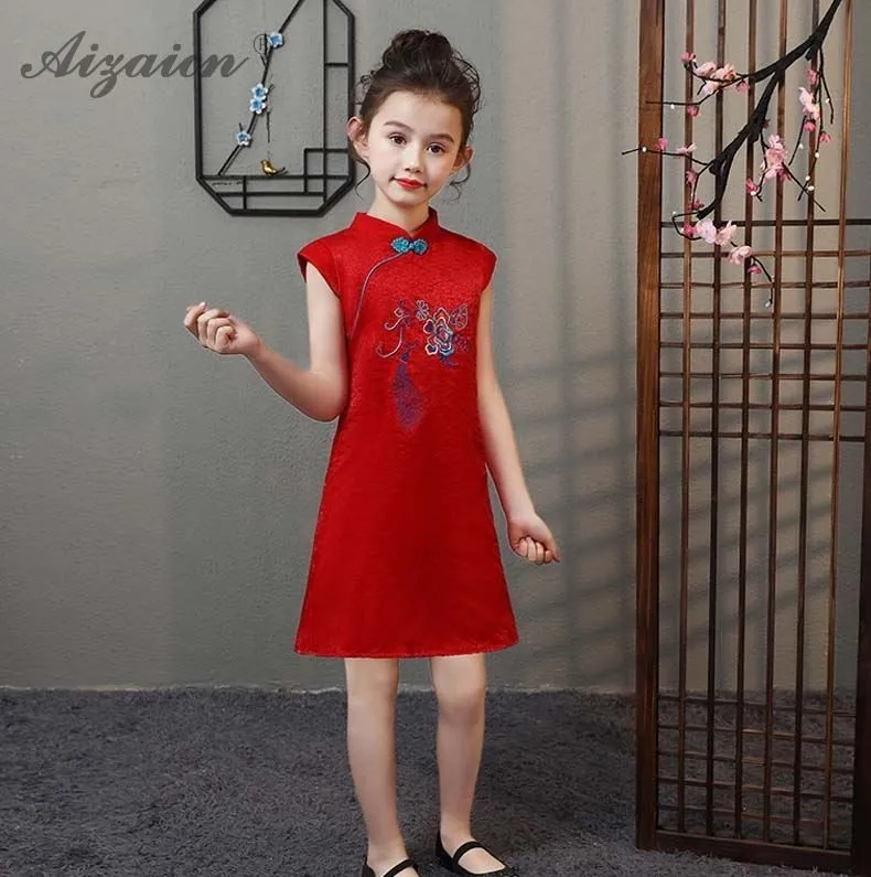 Принт Cheongsam современные красные платья для девочек Chinoise юбка принцессы Qi Pao китайское традиционное платье Qipao детская одежда
