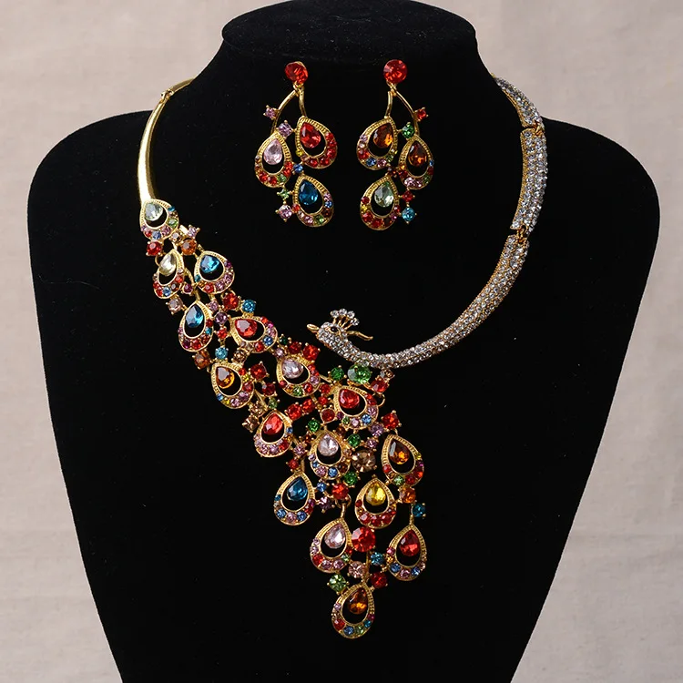 

Luxury Gold Rhinestone Peacock Bridal Jewelry Sets Silver Plated Crystal Statement Necklace Earrings Sets Wedding Jewelry Set