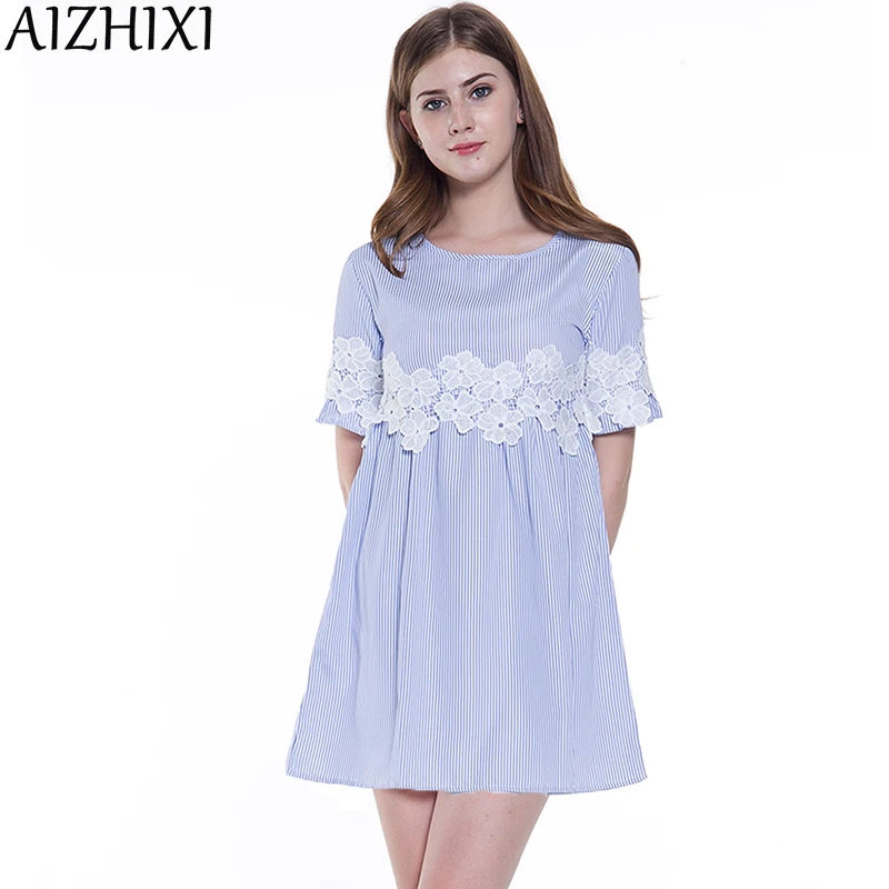 AIZHIXI Цветочная Кружевная аппликация Синий Полосатый Babydoll мини-платье женское 2017