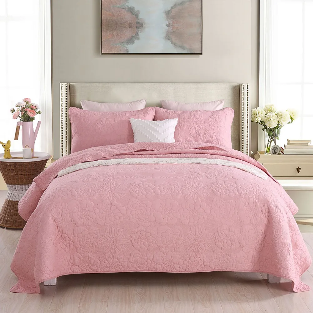 

Quality Pink Quilt 3PCS Sets Cotton Bedspread on the Bed Embroidered Bed Cover with Pillow Case Queen Size Summer Blanket Solid