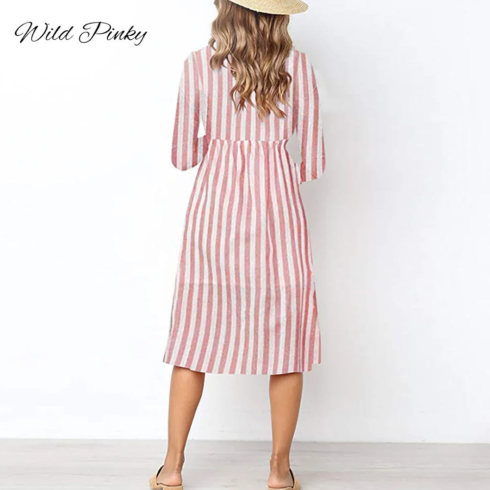 CUERLY dress women vintage BOHO Buttons V-neck long sleeve Beach Playsuits Summer Women Striped Girls Casual Femininos | Женская одежда