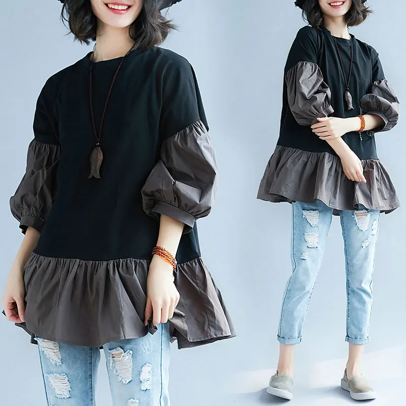 

Fashion Womens Tops and Blouses Summer Spring 2019 Casual Loose Lantern Sleeve Patchwork Cotton Shirt Oversize Ruffle Long Top