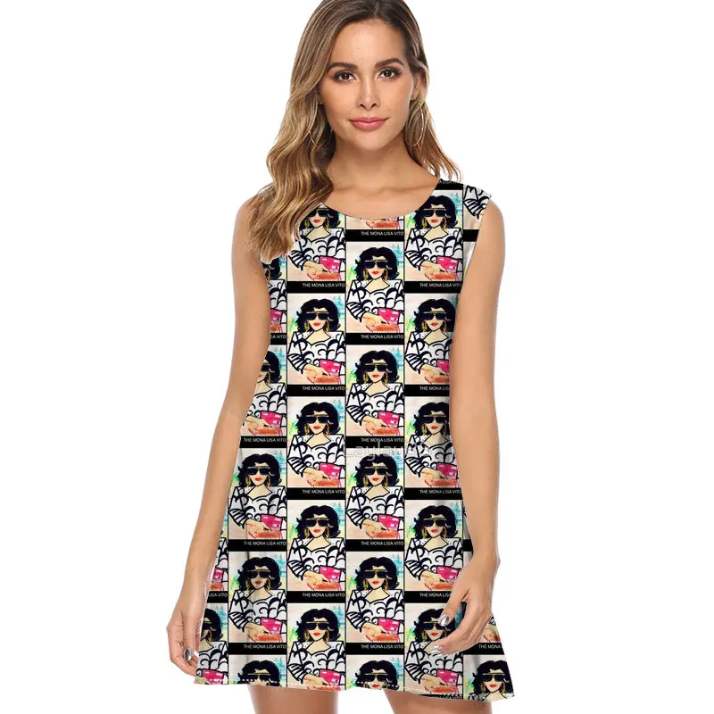 Женское летнее мини платье без рукавов свободное повседневное с принтом