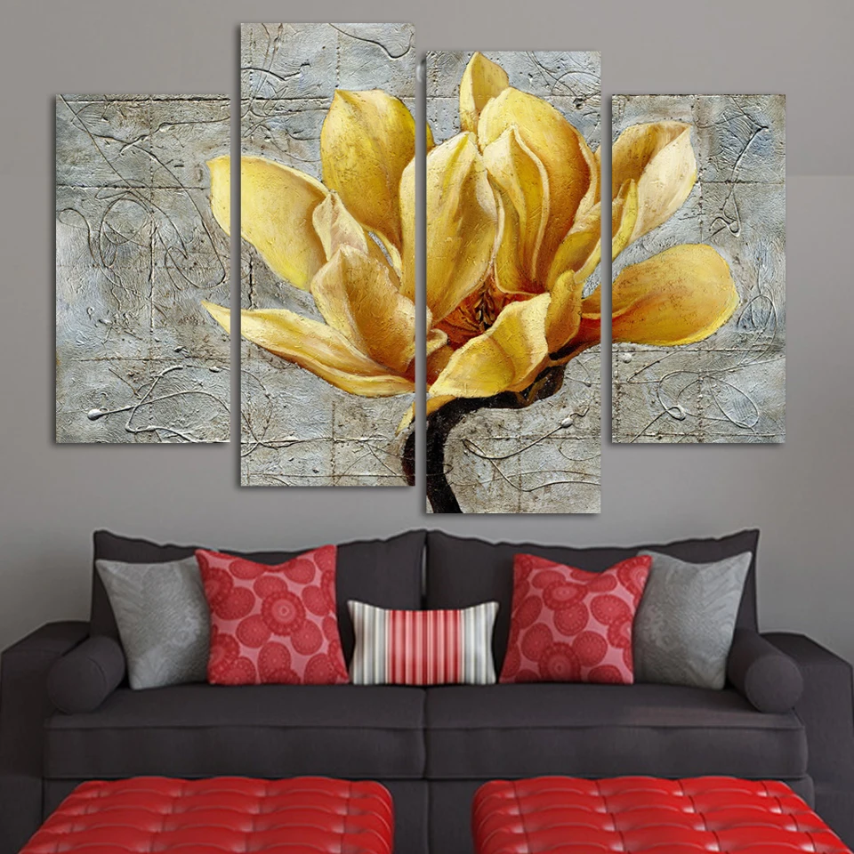 Fashion Unframed Abstract Painting 4 Panels gold Flower Modern Oil On Canvas Wall Art Gift Top Home Decoration | Дом и сад