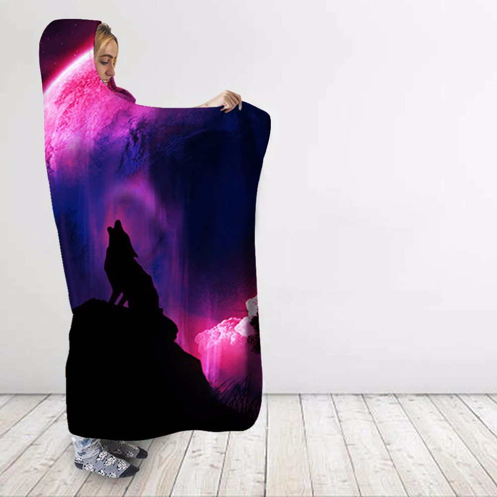 2019 Purple Galaxy Wolf 3d Print Plush Hooded Blanket For Youth Children Warm Wearable Fleece Throw Home Office Washable | Дом и сад