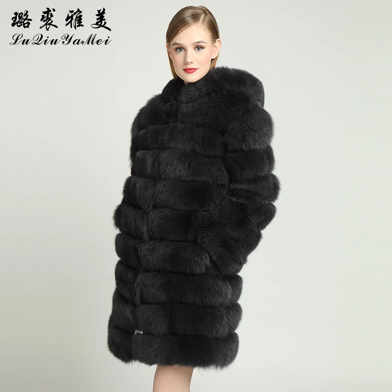Шуба с капюшоном из натурального Лисьего меха 80 см 2020 зимнее пальто размера плюс |